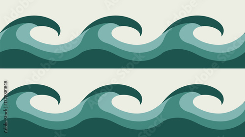 Two rows of stylized ocean waves in varying shades of green on a light beige background surface