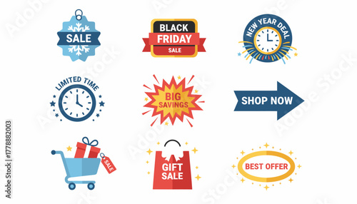 Black Friday sale badge set, retail promotions. Discount offers, gift sales and new year deals for marketing campaigns