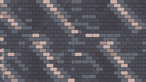 A brick wall with a pattern of alternating rows of dark and light colored bricks forming a design