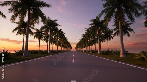 A long road lined with palm trees leads towards a sunset horizon. The sky is filled with colors