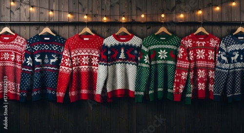 Row of christmas sweaters hanging on a wooden wall with string lights