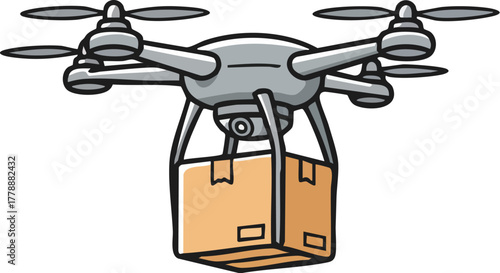 A drone flies with a cardboard box attached underneath it.