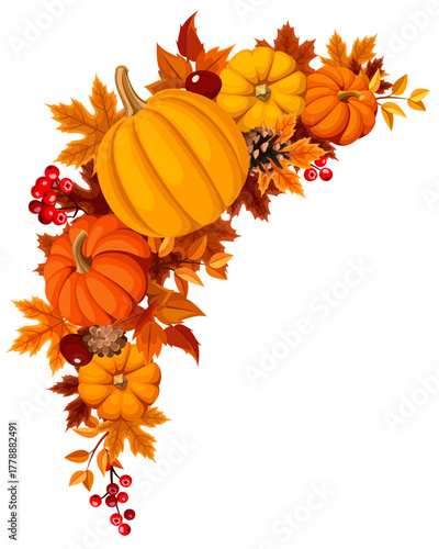 Pumpkins and autumn leaves isolated on a white background. Vector design element with orange pumpkins and fall leaves