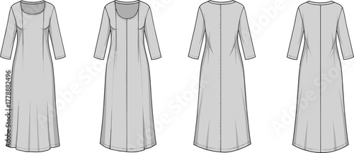 Women’s long sleeve midi dress technical flat sketch, front and back view, elegant fashion design, clothing pattern template illustration