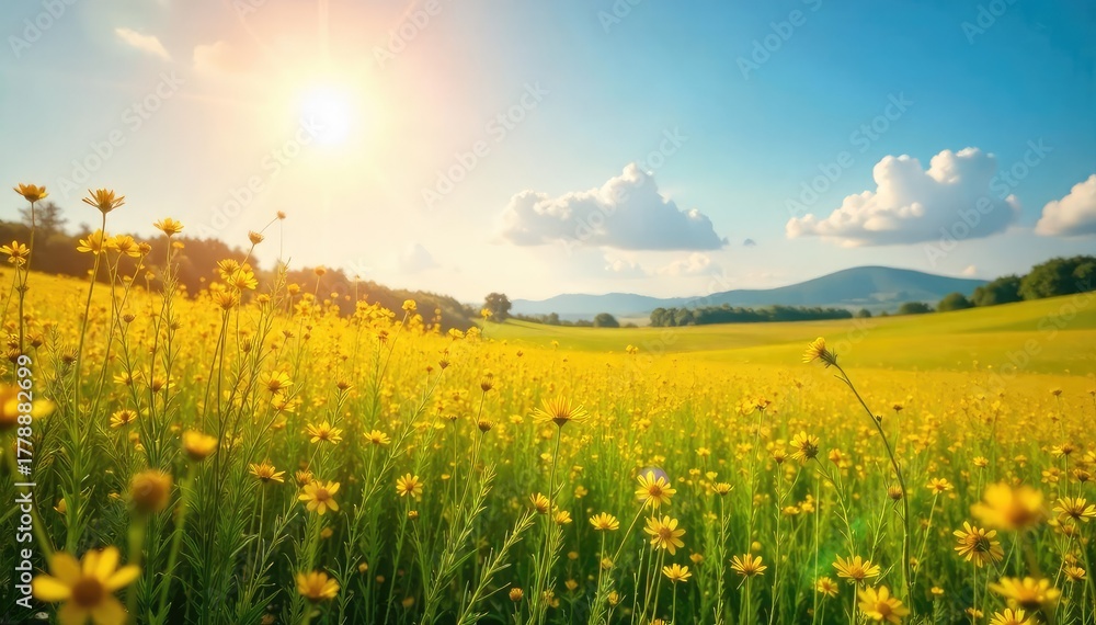 Obraz premium Sun-drenched field shimmering with golden wildflowers, swaying gently in a summer breeze A breathtaking landscape of natural beauty and vibrant color , summer, rural