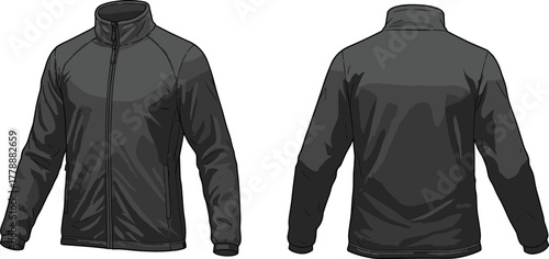 Men’s black zip up jacket front and back view, sport outerwear fashion flat sketch, athletic windbreaker clothing design template