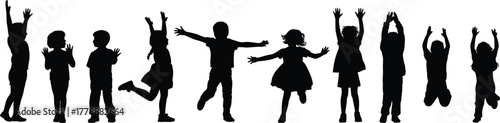 Silhouette of ten children jumping celebrating in dynamic poses vector illustration showing joy happiness childhood energy play education community design