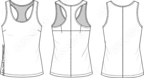 Women’s sleeveless tank top fashion flat sketch, activewear front and back view, fitness apparel design template for clothing illustration