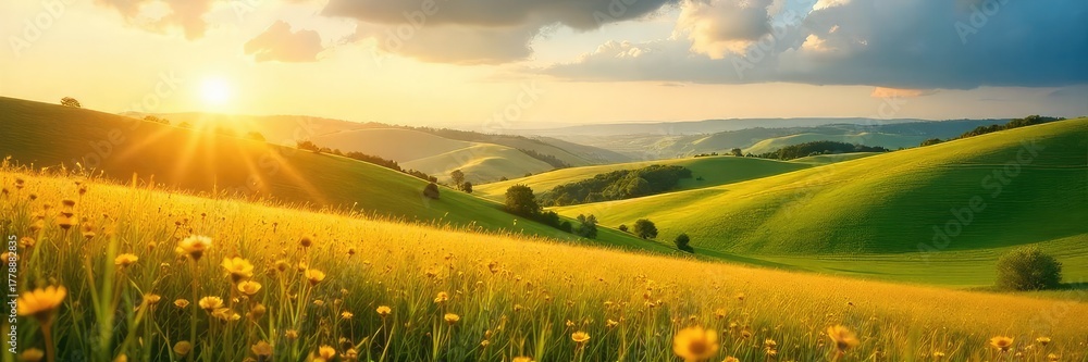 Fototapeta premium Sun-drenched golden meadow, swaying gently in the breeze Rolling hills stretch to the horizon, bathed in warm light A tranquil and idyllic pastoral scene , wildflowers, texture