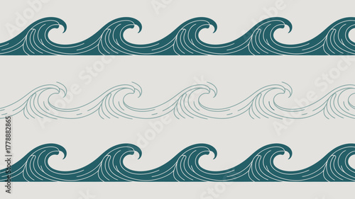 Three rows of stylized waves in teal and light gray with white background in a repeating pattern