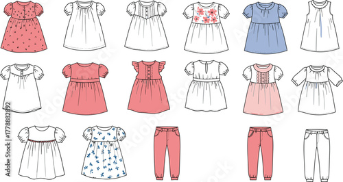 Cute baby girl fashion flat sketches collection, dresses and pants front view, kids clothing design set, pastel color outfit illustration