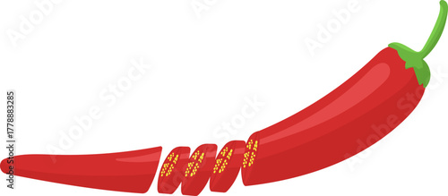 Sliced Red Chili Pepper with Seeds - Spicy Food Ingredient Vector Illustration