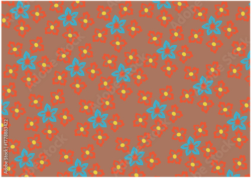 Floral pattern with blue stars and red flowers on brown background.