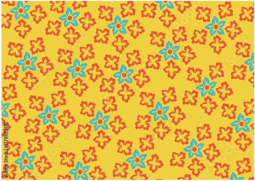 Floral pattern with blue and orange flowers on a yellow background.
