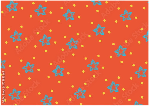 Orange background with blue stars and yellow dots pattern.