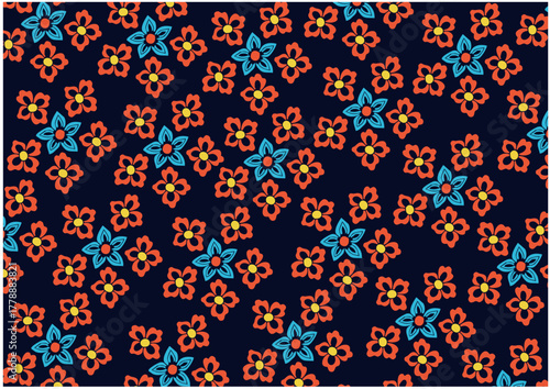 Floral pattern with orange and blue flowers on a dark background.