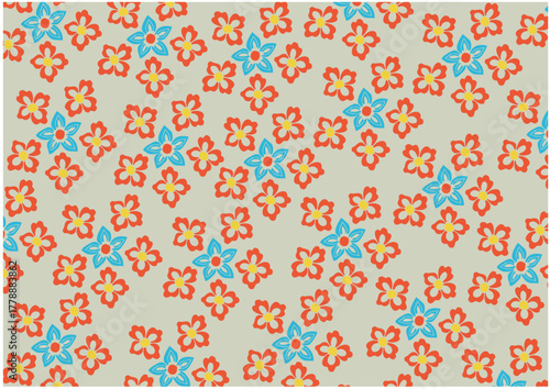 Floral pattern with red and blue flowers on a light background.