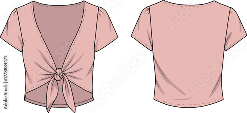 Pink short sleeve front knot crop top design, women’s fashion blouse with v-neck and tie front, vector flat illustration