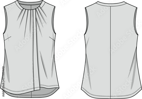 Elegant sleeveless pleated front blouse design, women’s fashion top front and back technical drawing, CAD flat vector illustration