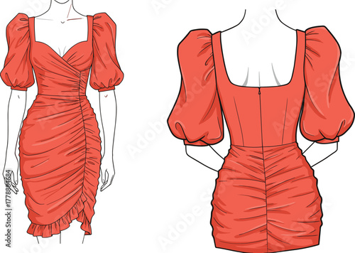 Elegant ruched puff sleeve dress front and back view, stylish red evening outfit with ruffle hem design, CAD drawing flat vector illustration