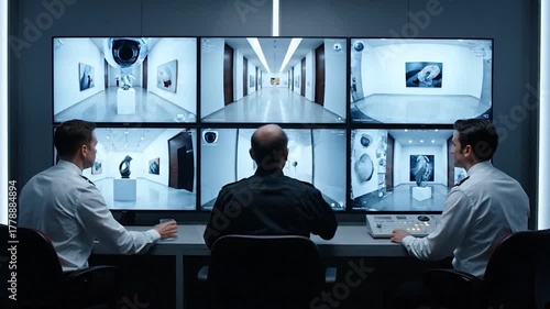 Three security personnel monitor a gallery via multiple screens. Art pieces visible