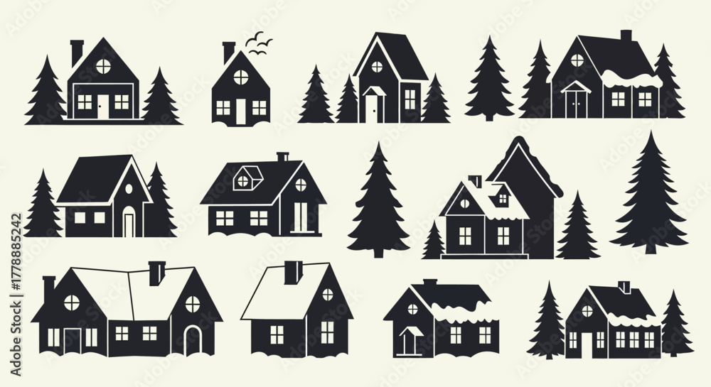 Fototapeta premium Christmas Village Silhouette Icons