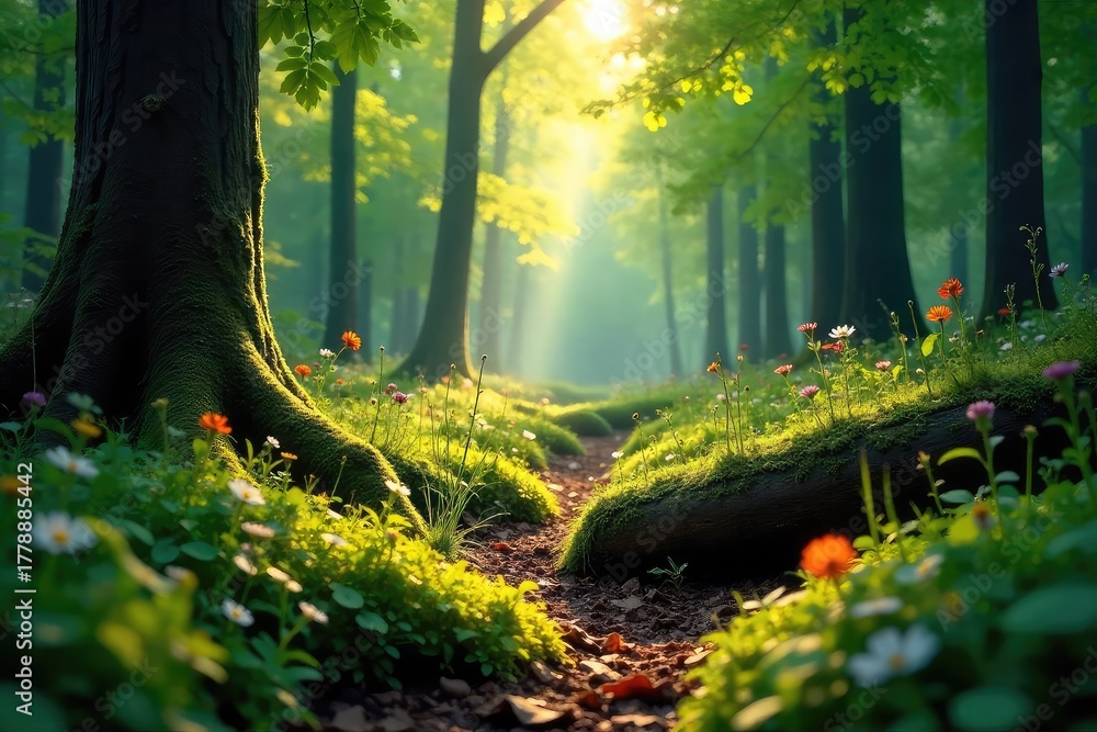 Obraz premium Sunlight dapples the forest floor, illuminating a vibrant tapestry of green leaves, moss-covered logs, and wildflowers A sense of tranquility pervades this peaceful woodland scene , log, rural