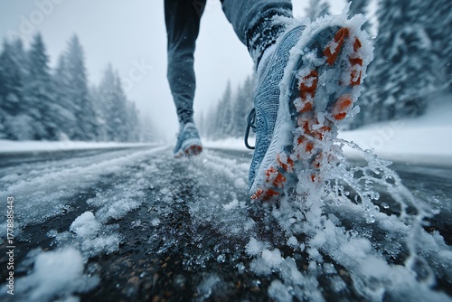 A runner perseveres through a challenging winter run on a snowy and icy road, embracing the cold.