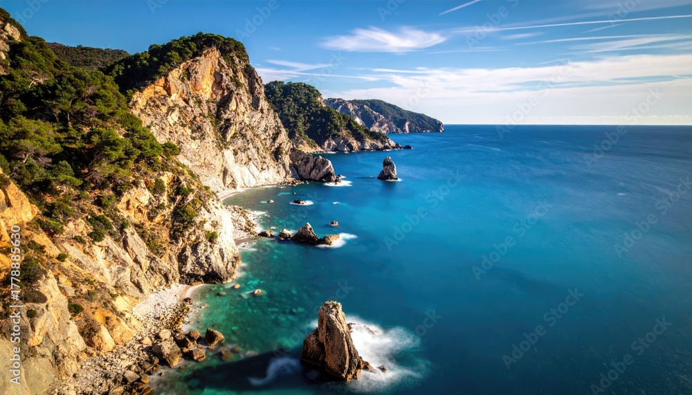 Fototapeta premium Dramatic Coastal Cliffs and Turquoise Ocean Waters Under a Bright Blue Sky with Wispy Clouds