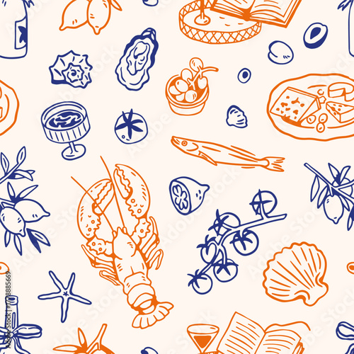 Italian food, seamless pattern. Endless design, Dolce Vita doodles, Mediterranean cuisine. Repeating print with lemons, seafood, lobster. Texture, background for wrapping. Drawn vector illustration © Good Studio
