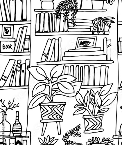 book shelves hand drawn seamless pattern, shelves are illustrated with a sketch-like, slightly imperfect line art style