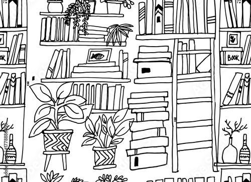 book shelves hand drawn seamless pattern, shelves are illustrated with a sketch-like, slightly imperfect line art style