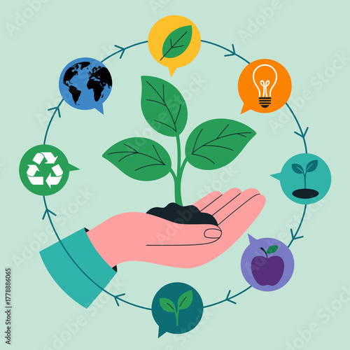 This image illustrates a hand nurturing a young plant, symbolizing environmentalism, growth, and sustainability within a cyclical ecosystem representation.