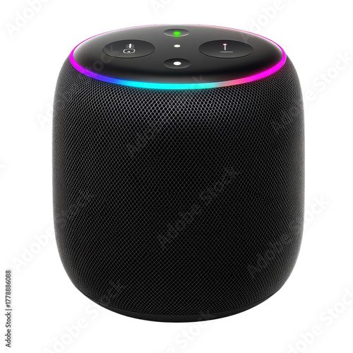 Smart speaker with colorful led ring and control buttons on black top on transparent background