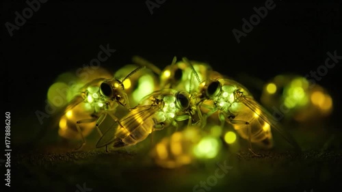 Macro shot of glowing insects clustered together with soft bokeh in the background