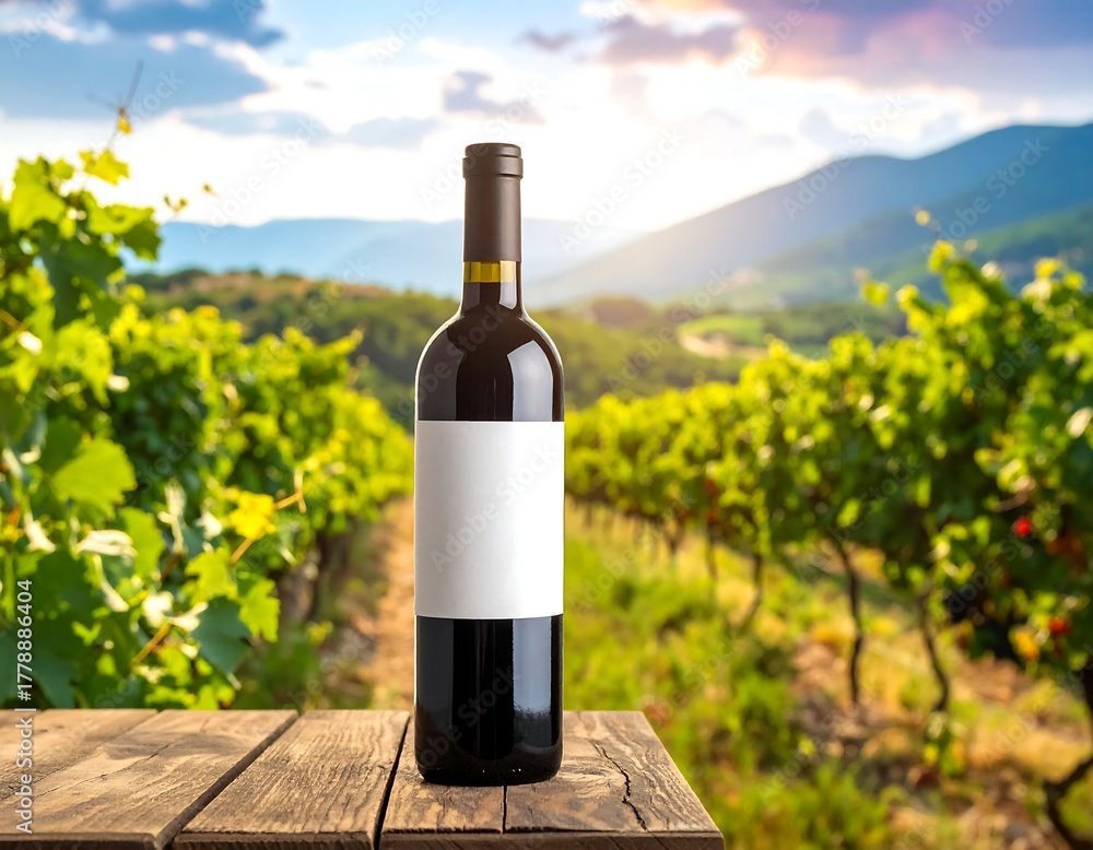 Fototapeta premium A wine bottle sits on a wooden table with a scenic vineyard background