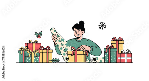 A woman wrapping a gift with colorful presents around her in a festive setting.