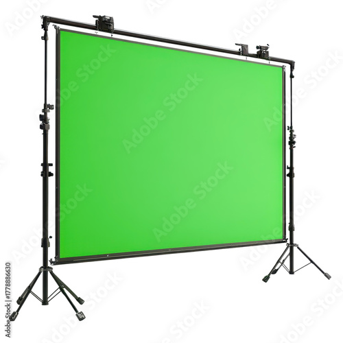 Portable green screen setup with adjustable stand for video production on transparent background