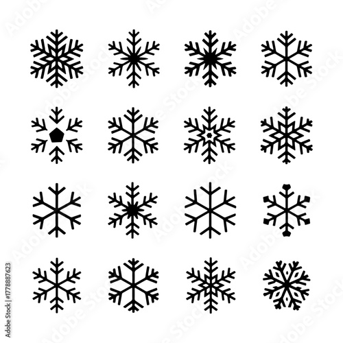 Various black snowflake designs arranged in a grid pattern suitable for winter-themed decorations and crafts