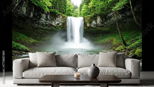 Room with a natural waterfall mural, sofa, pillows, table, and decor