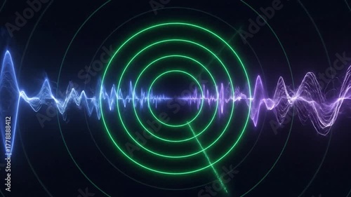 Abstract radar depiction featuring sound wave visualizations and concentric circles