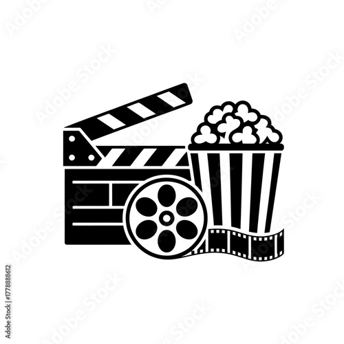 Movie Night Clapperboard Film Reel and Popcorn Bucket Icon Depicting the Essence of Cinema Experience