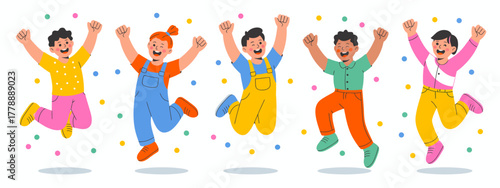 This vibrant illustration depicts joyful children jumping excitedly amidst colorful confetti, capturing the essence of happiness, celebration, and carefree childhood moments.