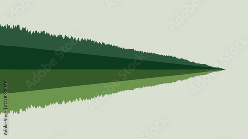 A minimalist landscape with a forest line reflected in water in shades of green and light gray color