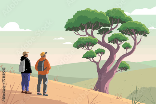 This captivating illustration depicts two hikers gazing up at a grand tree against a scenic backdrop, symbolizing adventure, exploration, and the beauty of nature's landscapes.