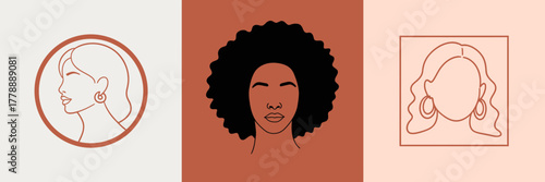 Three stylized portraits of diverse women, each with unique features, showcasing different hairstyles and presentation in a captivating artistic design.