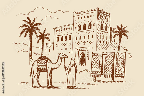 Desert kasbah with camel, hand drawn sketch vector illustration