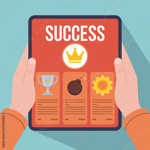 An eye-catching tablet design portraying success metrics, with visuals of trophies, gears, and bombs, symbolizing achievements and challenges in the entrepreneurial journey.