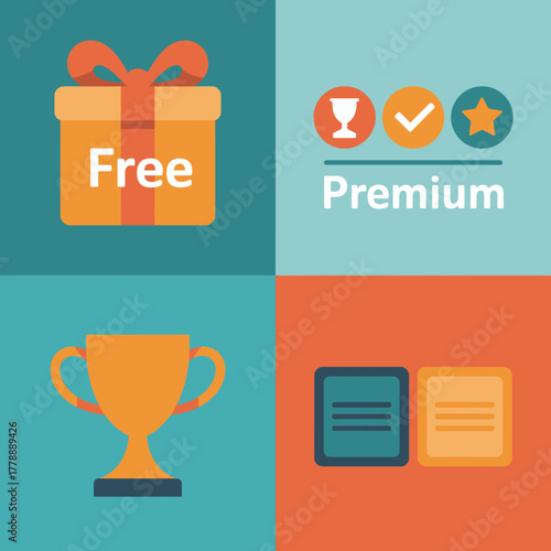A visually appealing illustration depicting awards and subscription features, ideal for showcasing premium services and free offerings in a polished manner.