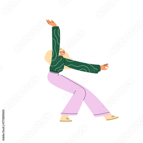 Happy woman dancing, standing in funny awkward pose. Female in whimsical comic action. Smiling energetic girl in quirky position, joyful motion. Flat vector illustration isolated on white background